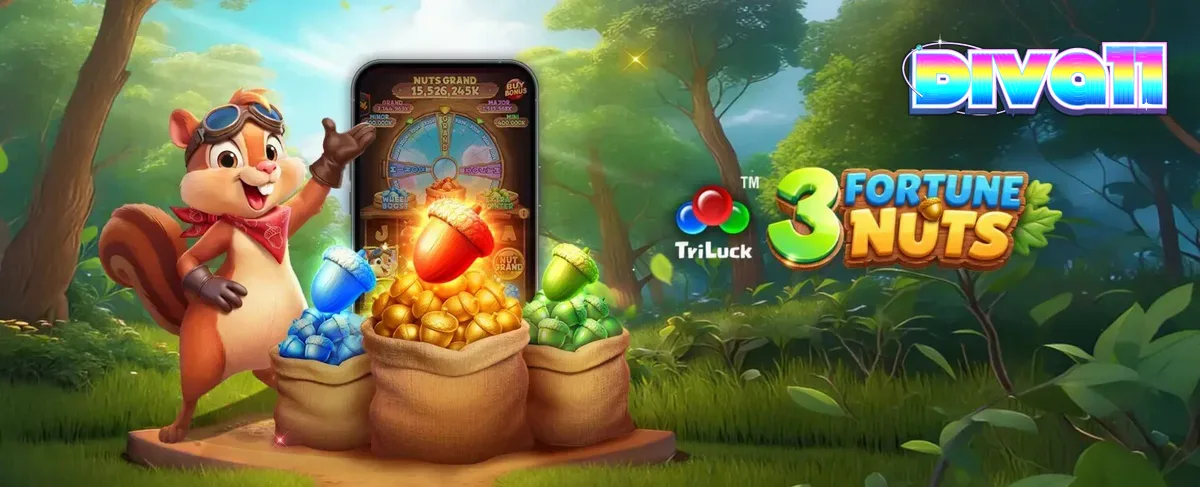 Tampilan visual slot 3 Fortune Nuts dengan tema hutan dan tupai yang ceria